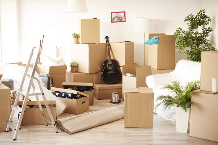 top view messy full moving boxes room